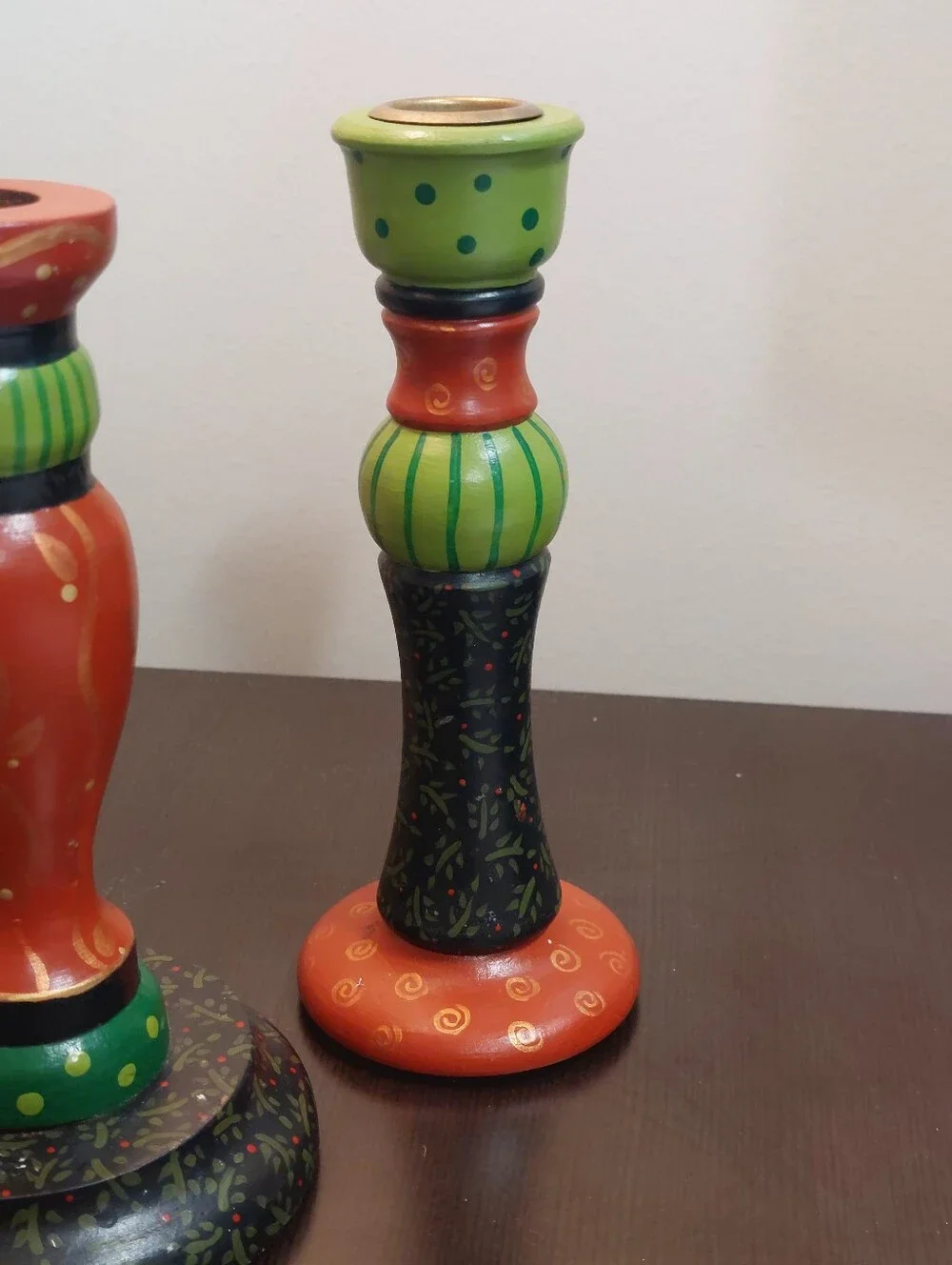 Folk Art Pair of Vintage Hand Painted Wooden Pillar Candle Holders 7